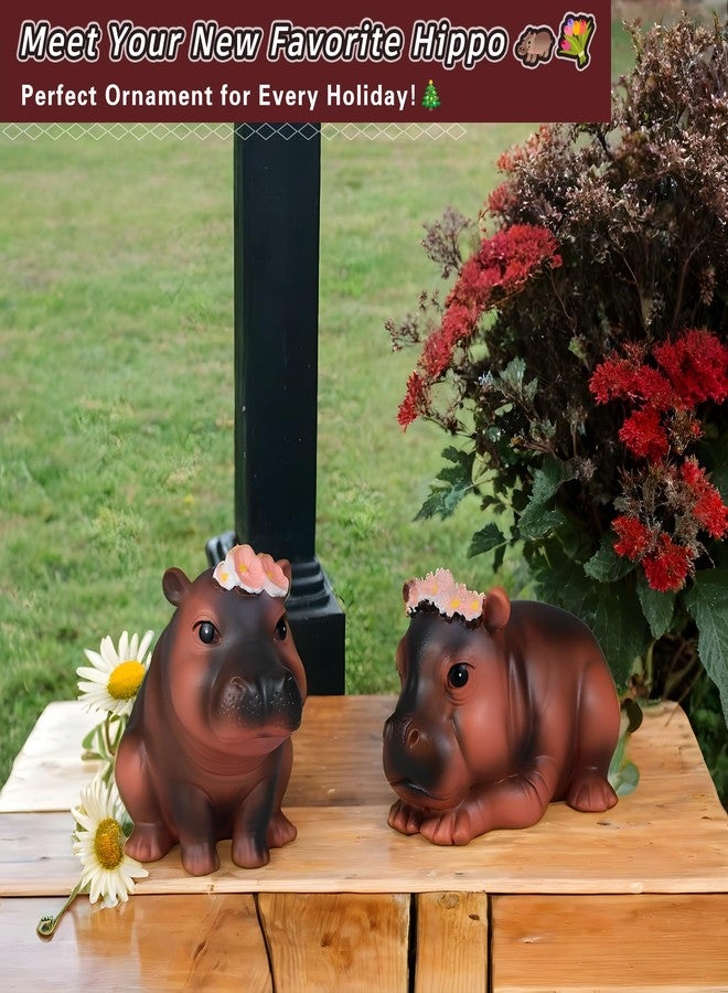 vhemo Cute Moo Deng Hippo Statue with Flower Crown, Resin Figurine for Home Decor, Pygmy Hippo Gift, Desk Ornament, Hippo Figurine for Living Room, Office, Bookshelf, Perfect Holiday Seasonal Decor (lying) - Image 2